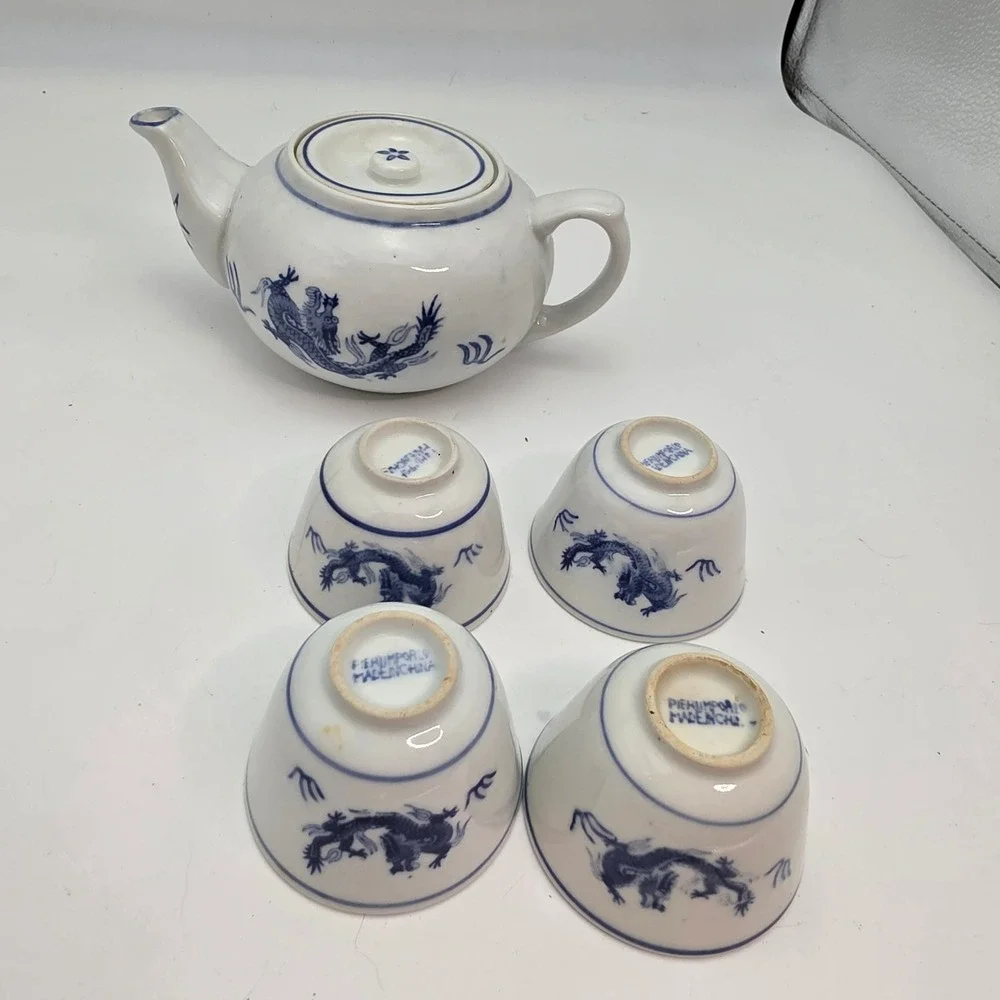 Pier 1 Imports Blue White Dragon Porcelain Tea Set Teapot 4 Cups Made in China